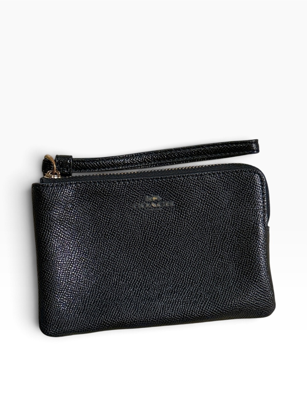 Coach Black Crossgrain Leather Small Zip Wristlet Pouch Purse Gold Hardware